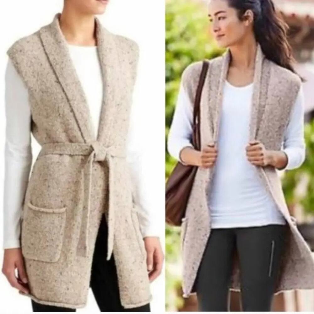 Athleta Long Wool Cardigan Vest Sweater Sleeveless Tan Speckled Belted Sz XS